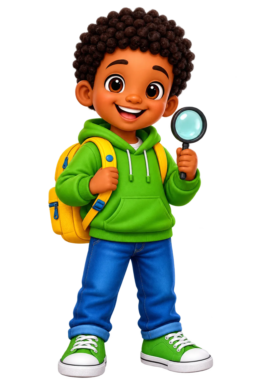 Caleb, menino de moletom verde com uma lupa