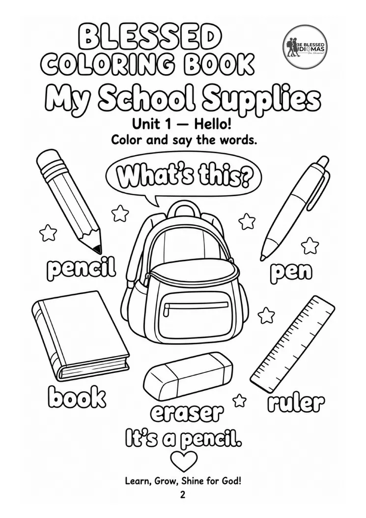 Página "My School Supplies", do Blessed Coloring Book
