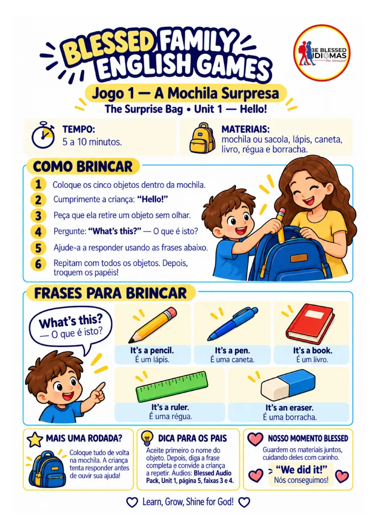 Página do jogo "A Mochila Surpresa", do Blessed Family English Games