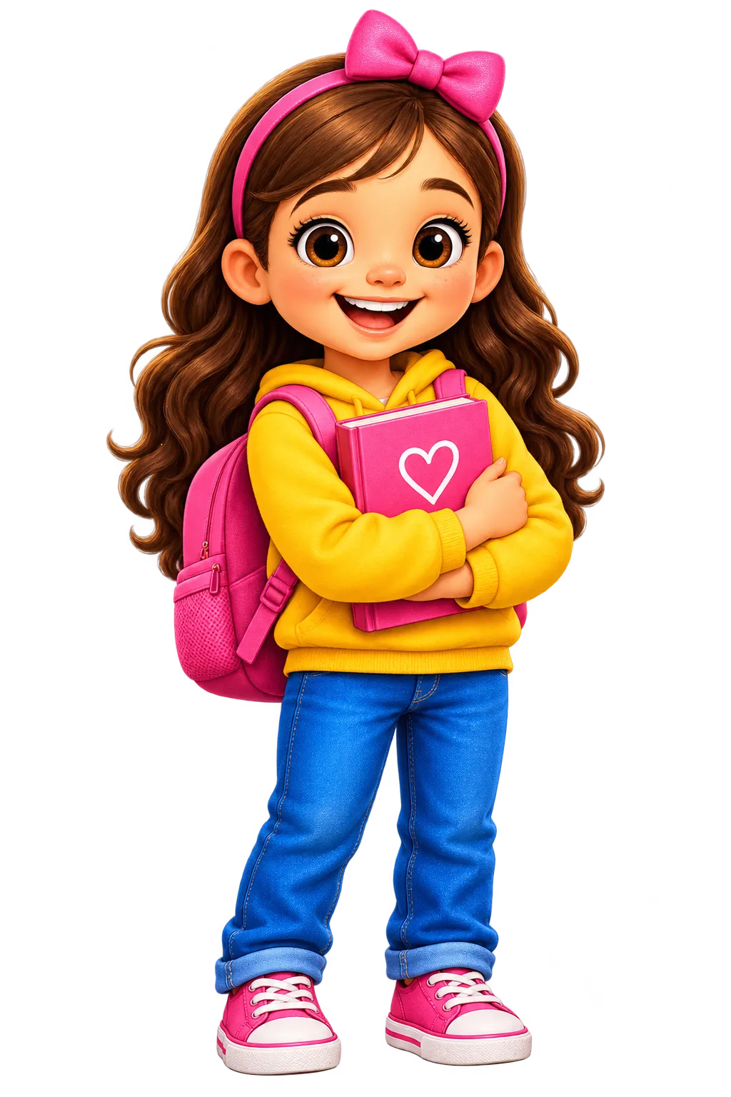 Grace, menina de laço rosa abraçando um livro