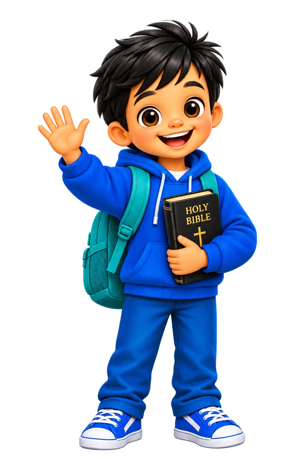 Noah, menino de moletom azul segurando uma Bíblia