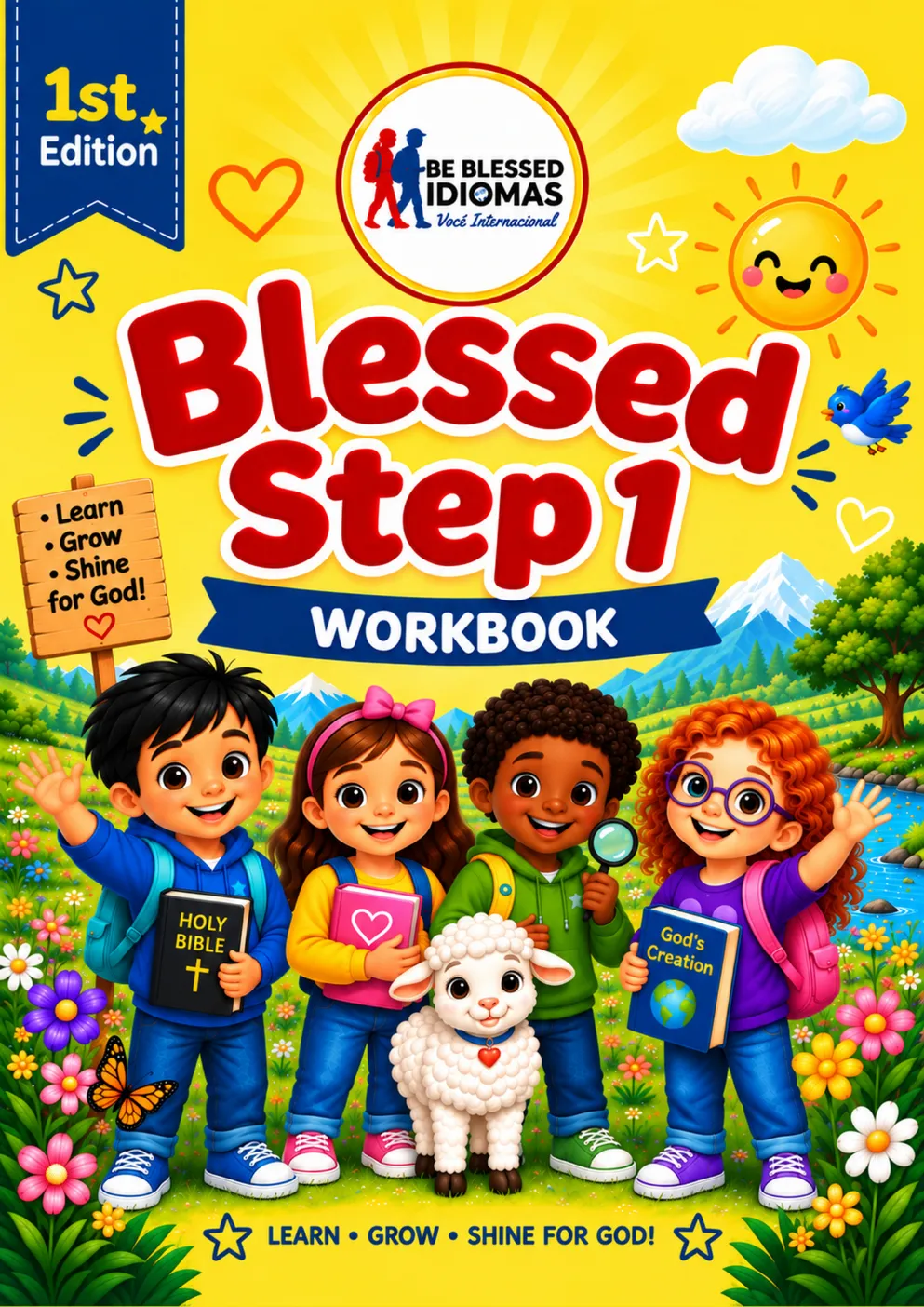 Capa do Blessed Step 1 Workbook, com Noah, Grace, Caleb, Lily e o cordeirinho