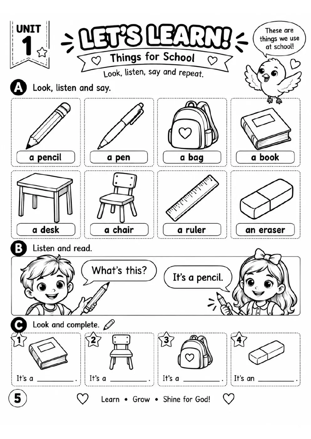Página 5 do workbook: Hello! e Let's Learn