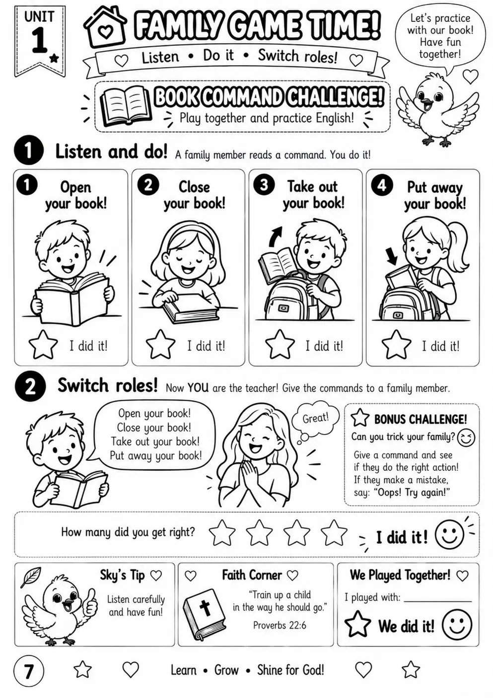 Página 7 do workbook: More Practice e Family Game Time