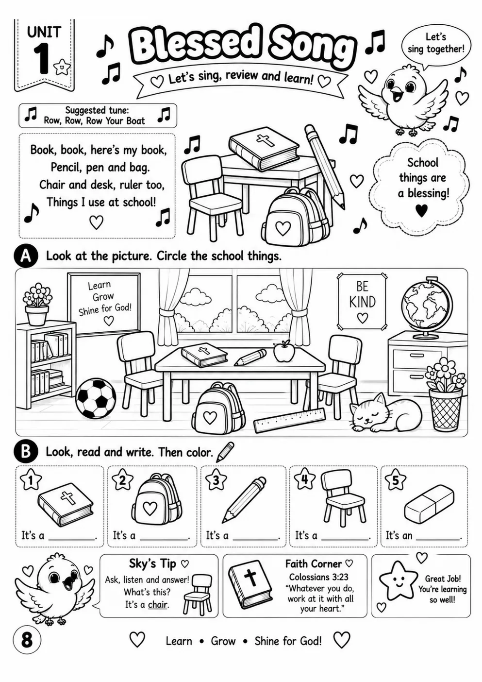 Página 8 do workbook: Blessed Song e Blessed Story